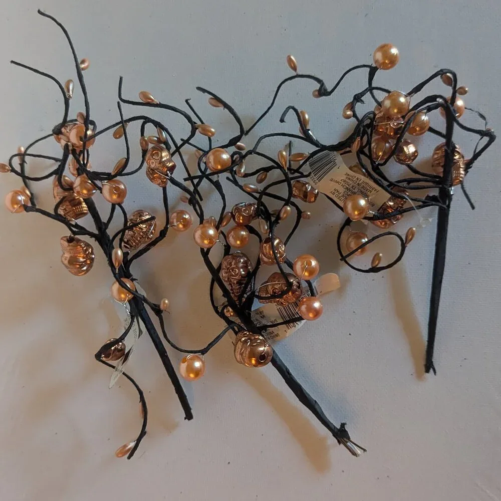 NWT Goth Skulls Pearls Orange Halloween Decoration 3 Floral Picks Ashland Decor